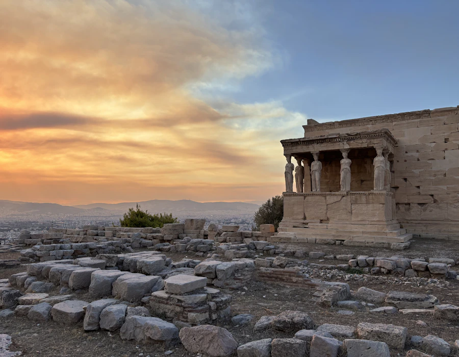 Ancient Greek ruins at sunset in Athens