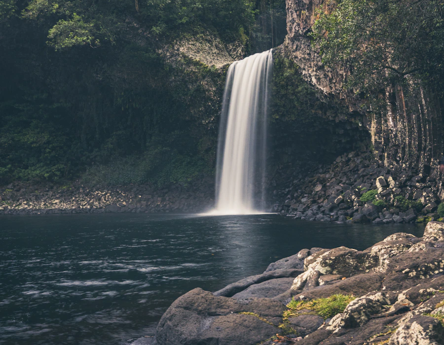 Waterfall cascading through a lush tropical forest